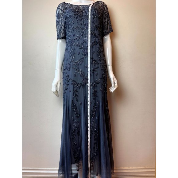 Adrianna Papell Women Beaded Gown Maxi Dress Back Keyhole Short Sleeve Blue SZ 4 - Picture 3 of 8